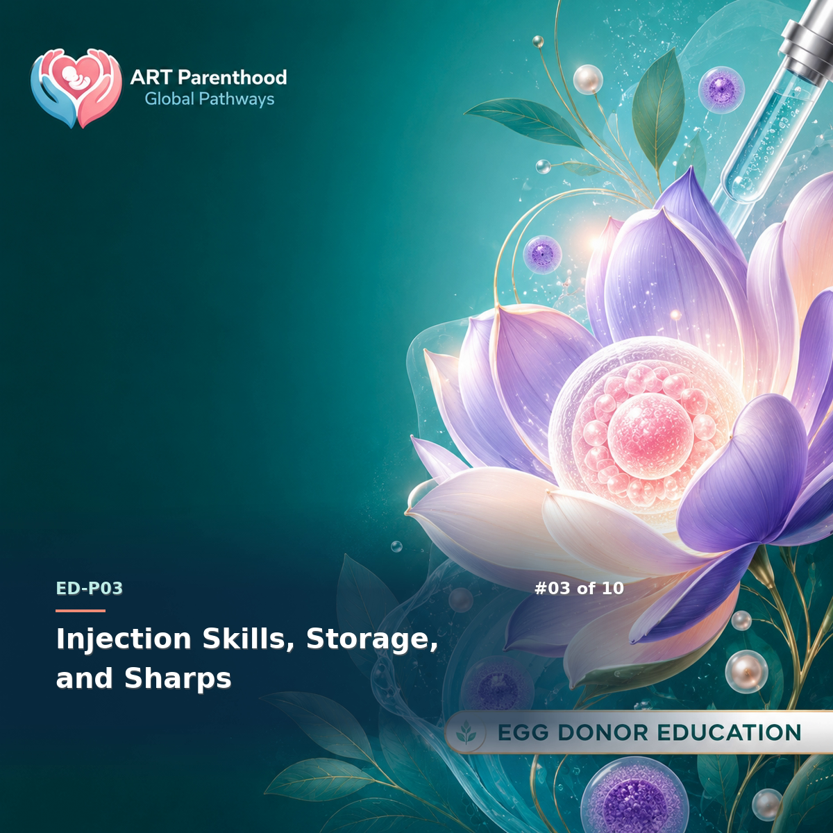 Egg Donors education card for ED-LP03-03: Injection Skills, Storage, and Sharps.