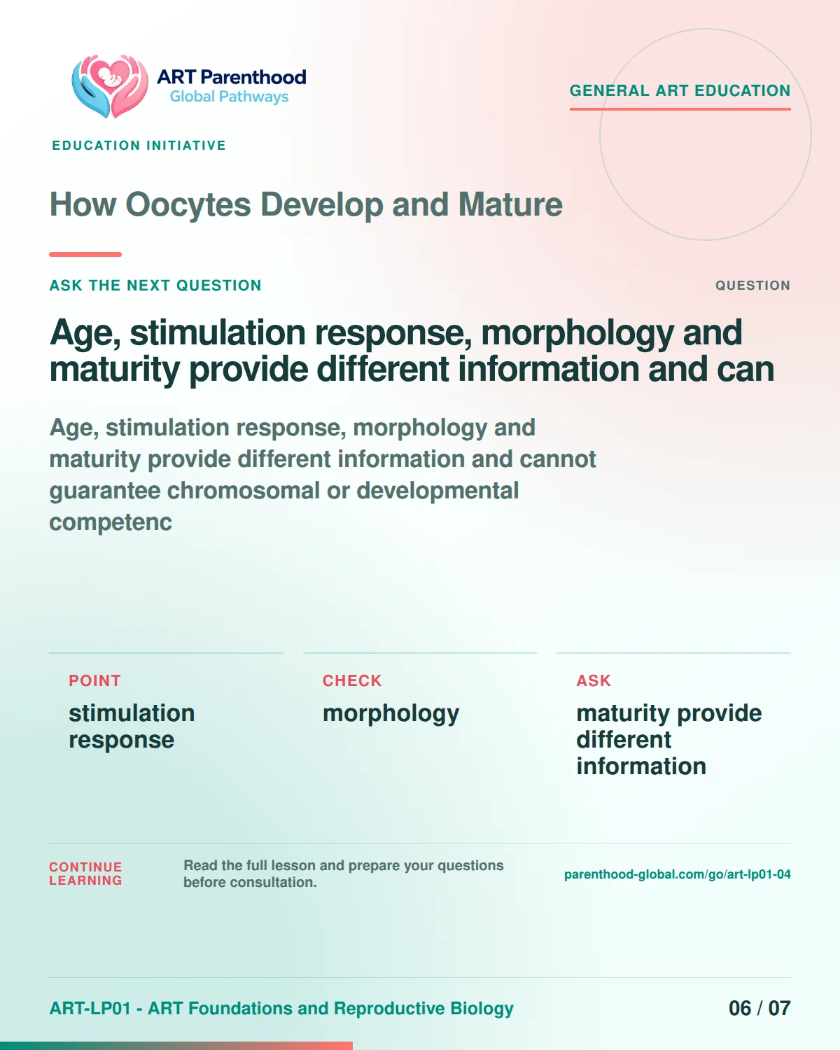 Slide 6 of ART-LP01-04 uses an accessible scientific illustration to explain how oocytes develop and mature without implying a personal diagnosis.