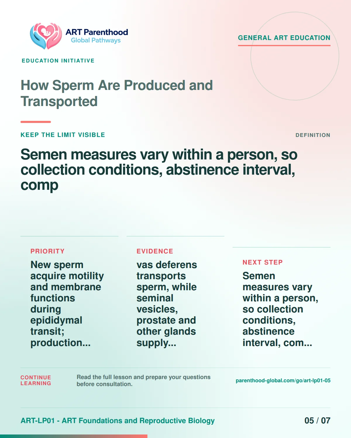 Slide 5 of ART-LP01-05 uses an accessible scientific illustration to explain how sperm are produced and transported without implying a personal diagnosis.