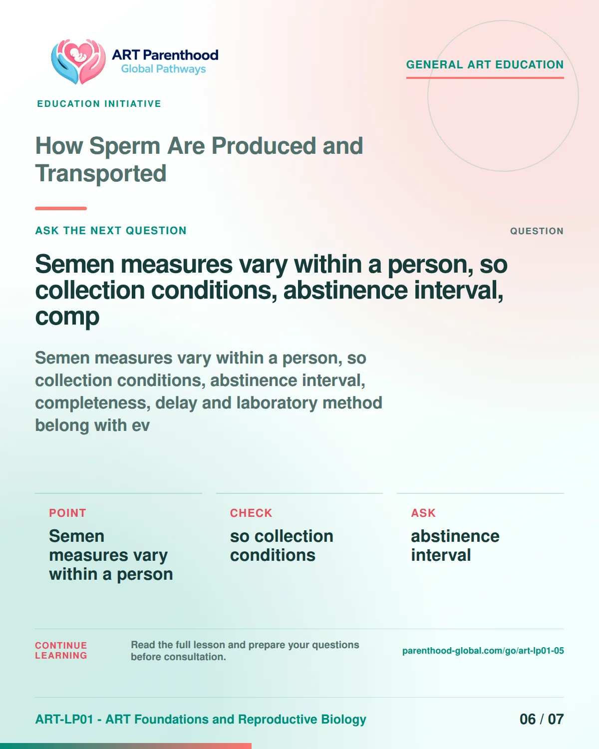 Slide 6 of ART-LP01-05 uses an accessible scientific illustration to explain how sperm are produced and transported without implying a personal diagnosis.