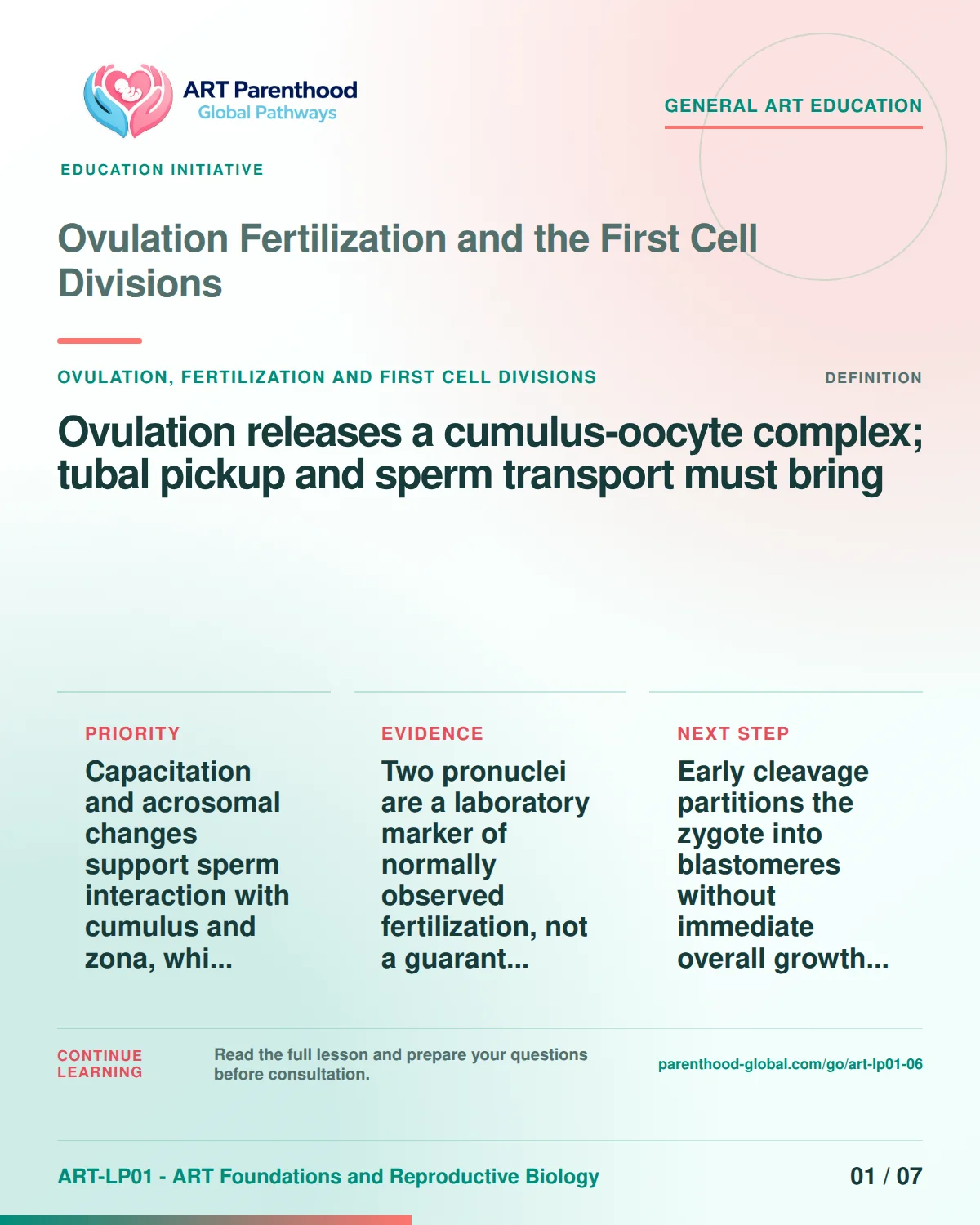 Slide 1 of ART-LP01-06 uses an accessible scientific illustration to explain ovulation, fertilization and first cell divisions without implying a personal diagnosis.