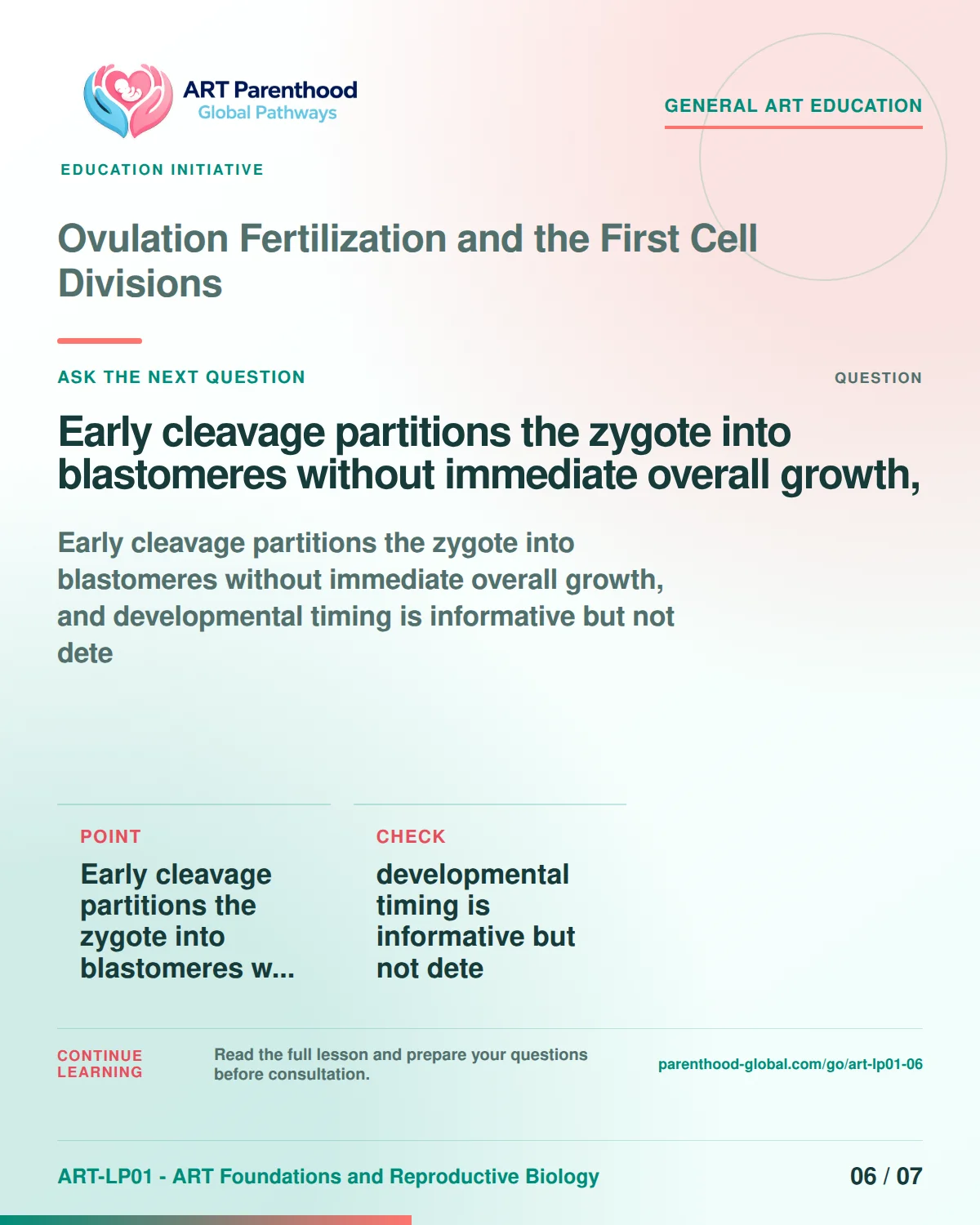 Slide 6 of ART-LP01-06 uses an accessible scientific illustration to explain ovulation, fertilization and first cell divisions without implying a personal diagnosis.