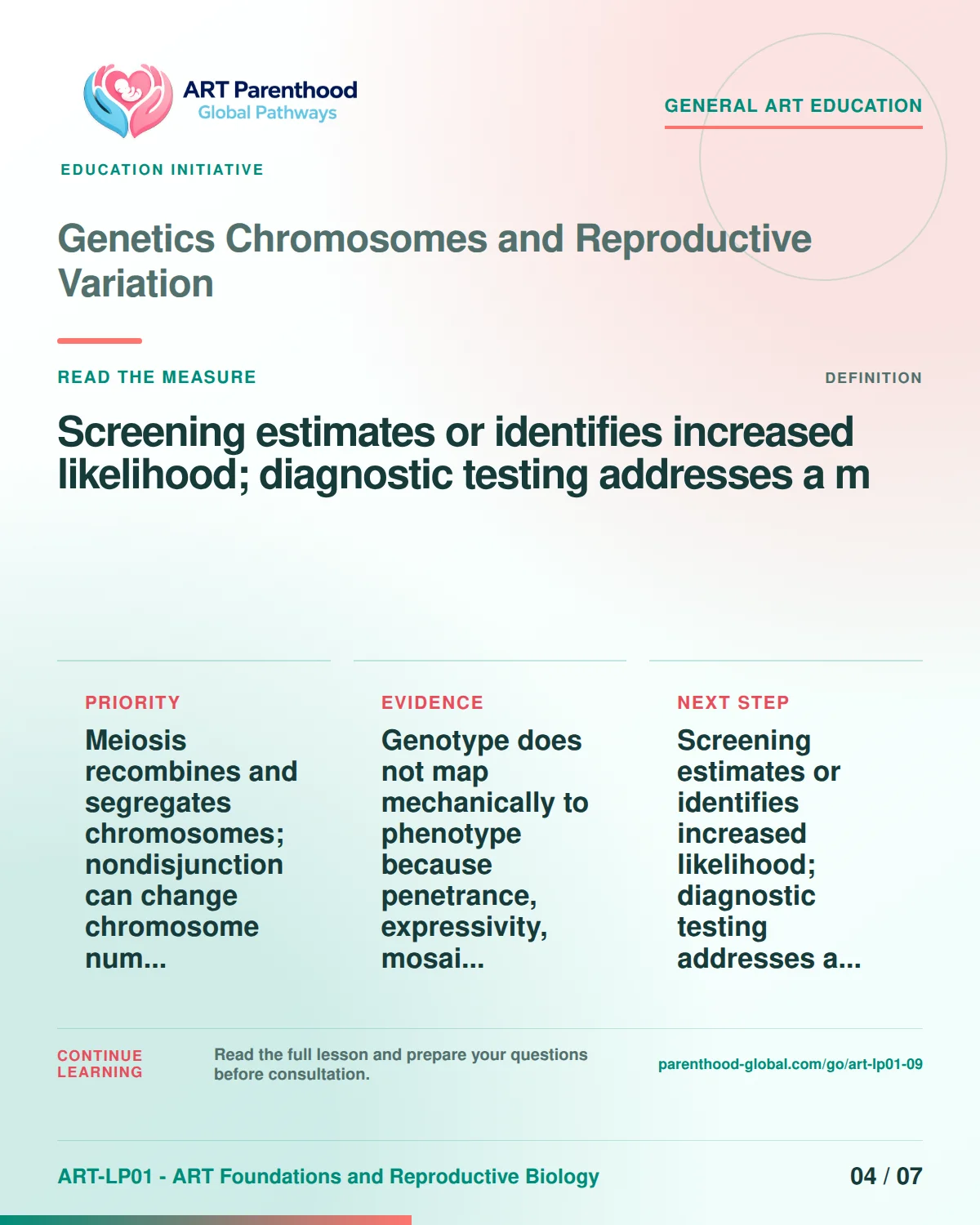 Slide 4 of ART-LP01-09 uses an accessible scientific illustration to explain genetics, chromosomes and reproductive variation without implying a personal diagnosis.