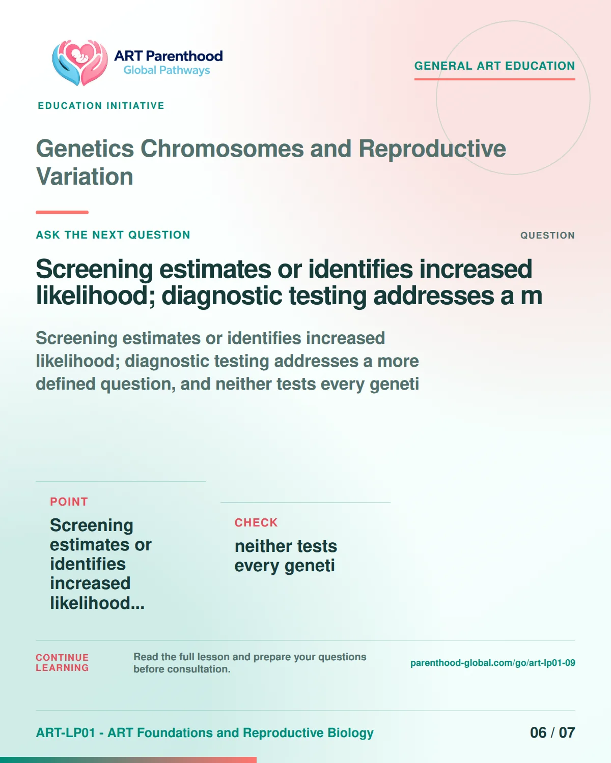 Slide 6 of ART-LP01-09 uses an accessible scientific illustration to explain genetics, chromosomes and reproductive variation without implying a personal diagnosis.