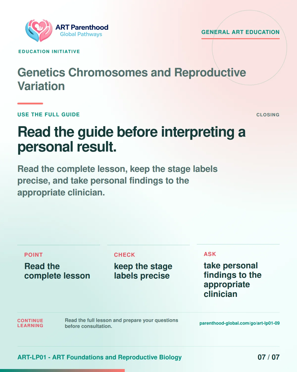 Slide 7 of ART-LP01-09 uses an accessible scientific illustration to explain genetics, chromosomes and reproductive variation without implying a personal diagnosis.