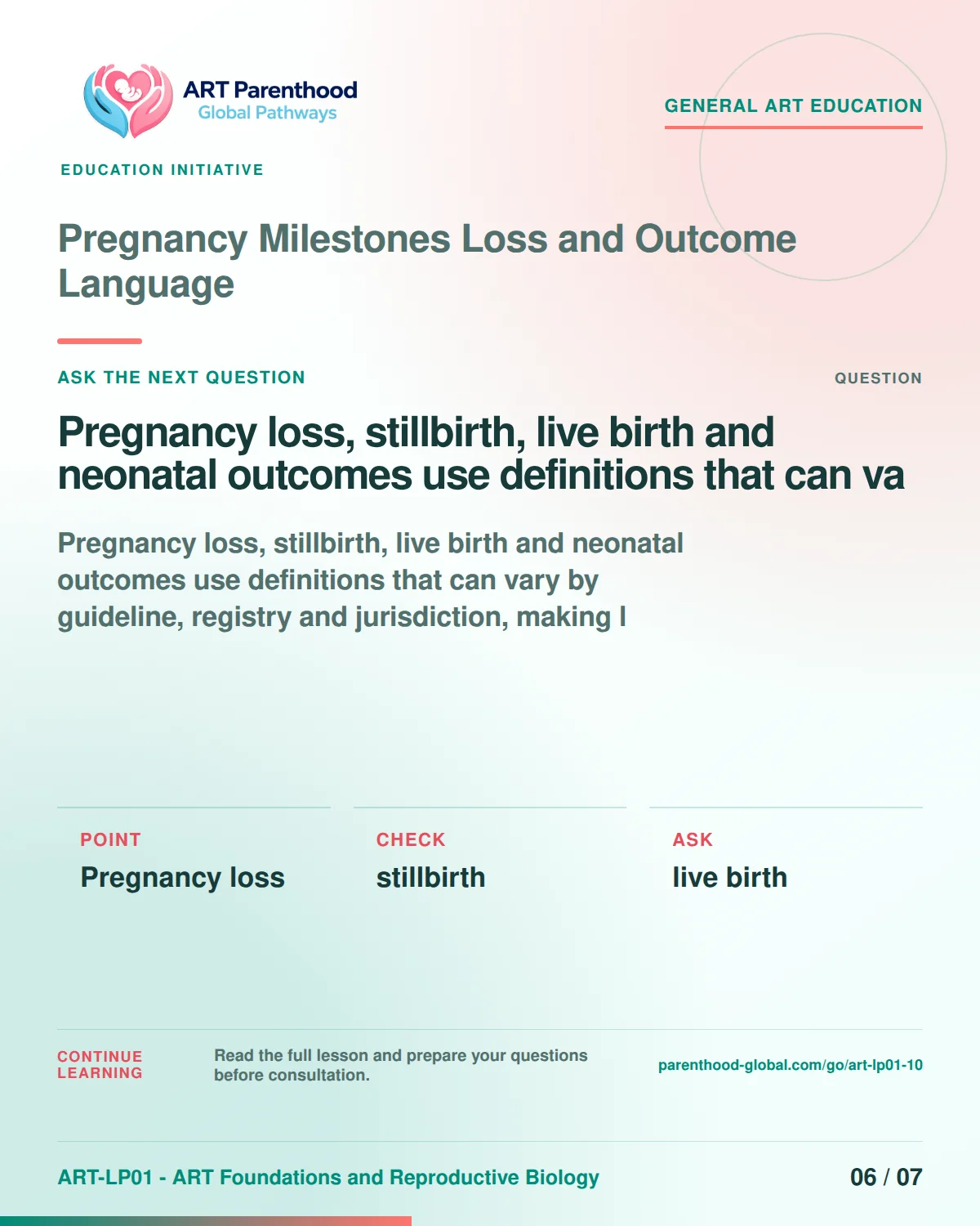 Slide 6 of ART-LP01-10 uses an accessible scientific illustration to explain pregnancy milestones, loss and outcome language without implying a personal diagnosis.