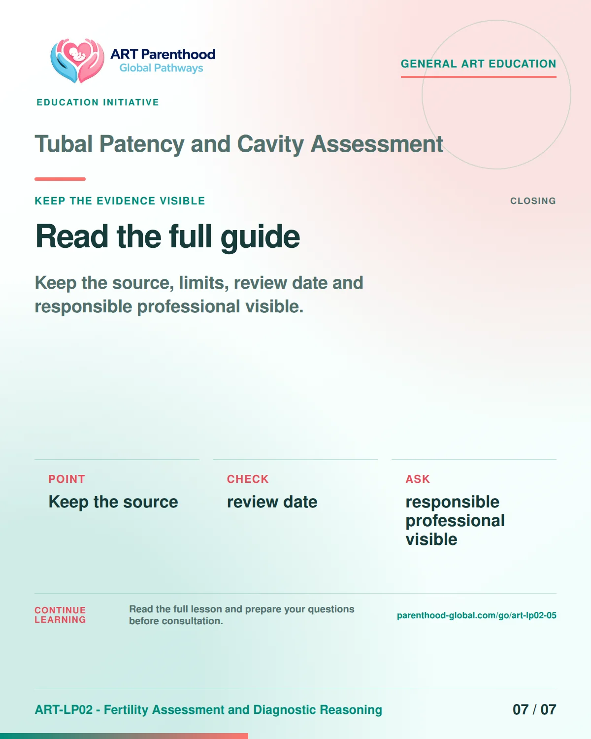 Slide 7 of ART-LP02-05 presents an accessible process map for tubal patency and cavity assessment and its decision boundaries.