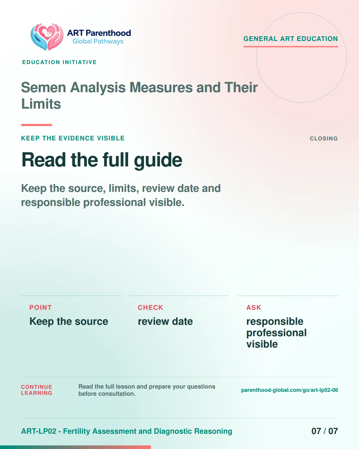 Slide 7 of ART-LP02-06 presents an accessible process map for semen analysis measures and their limits and its decision boundaries.