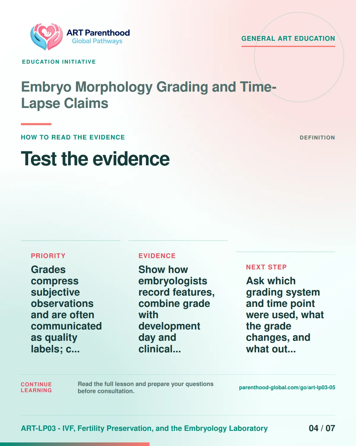 Slide 4 of ART-LP03-05 presents an accessible process map for embryo morphology grading and time-lapse claims and its decision boundaries.