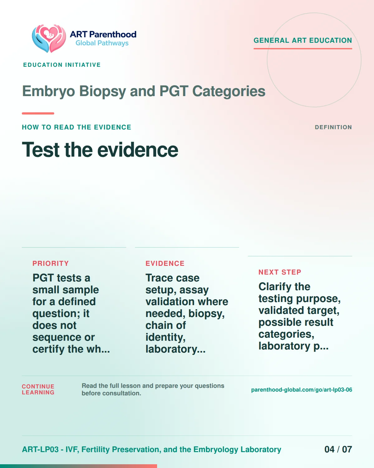 Slide 4 of ART-LP03-06 presents an accessible process map for embryo biopsy and pgt categories and its decision boundaries.