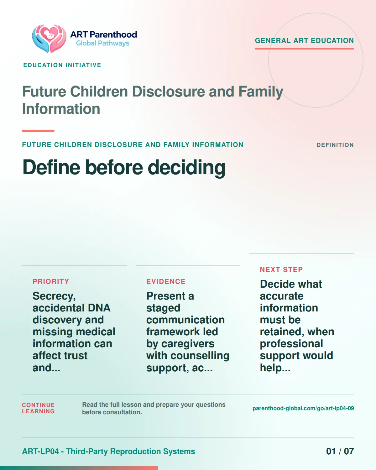 Slide 1 of ART-LP04-09 presents an accessible process map for future children disclosure and family information and its decision boundaries.