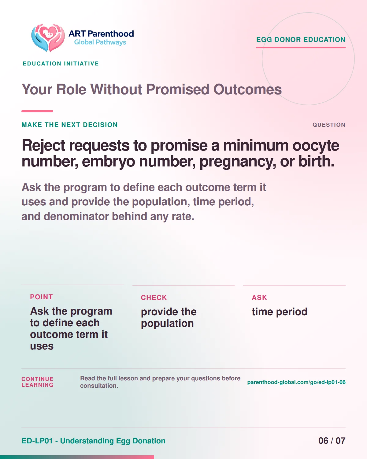 Slide 6 of ED-LP01-06, Make the next decision, showing a prospective egg donor using a calm decision and information process.