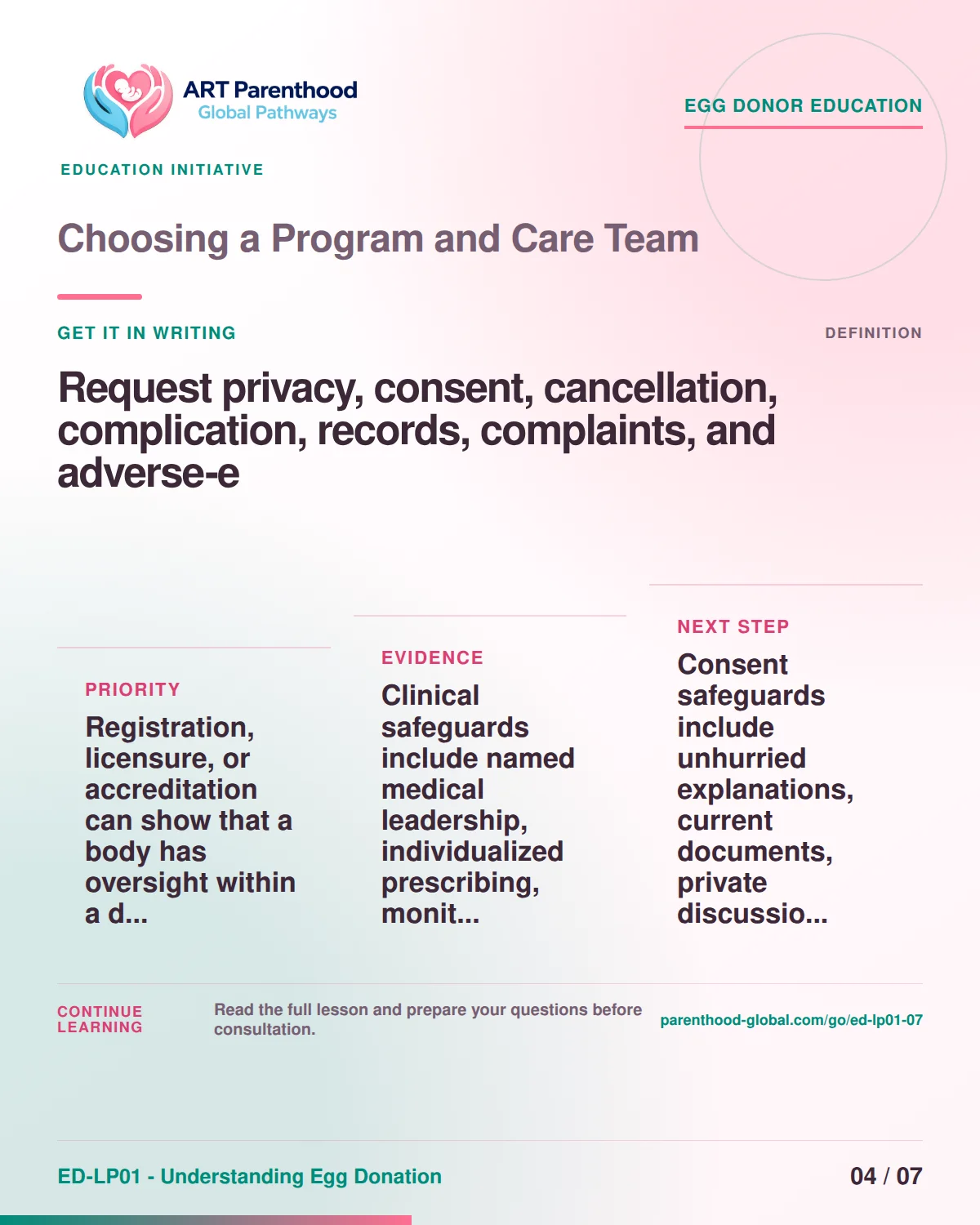 Slide 4 of ED-LP01-07, Get it in writing, showing a prospective egg donor using a calm decision and information process.
