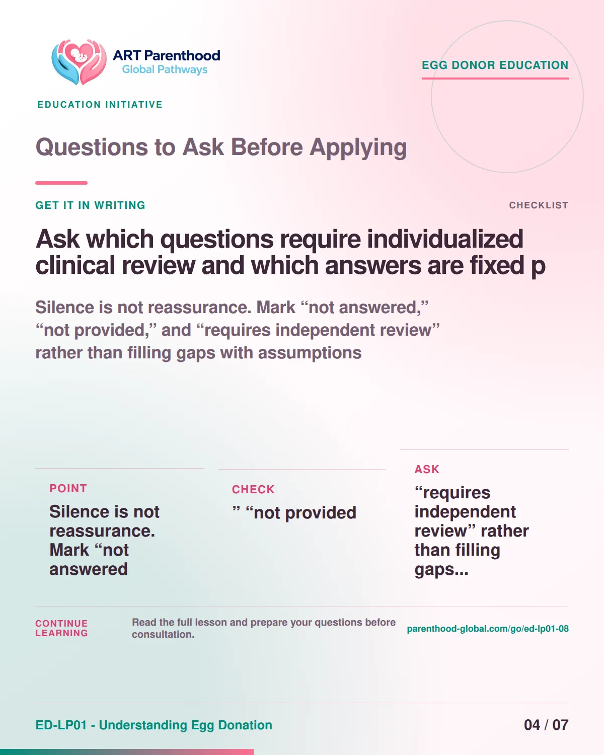 Slide 4 of ED-LP01-08, Get it in writing, showing a prospective egg donor using a calm decision and information process.