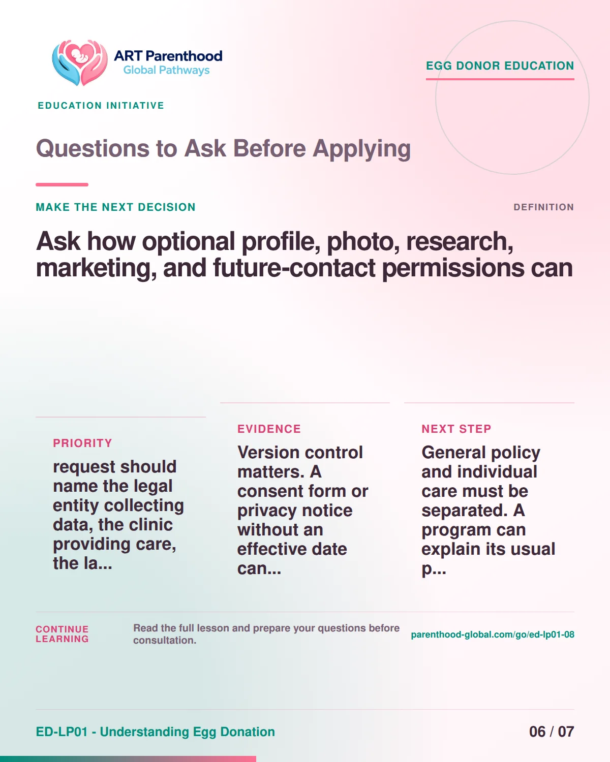 Slide 6 of ED-LP01-08, Make the next decision, showing a prospective egg donor using a calm decision and information process.