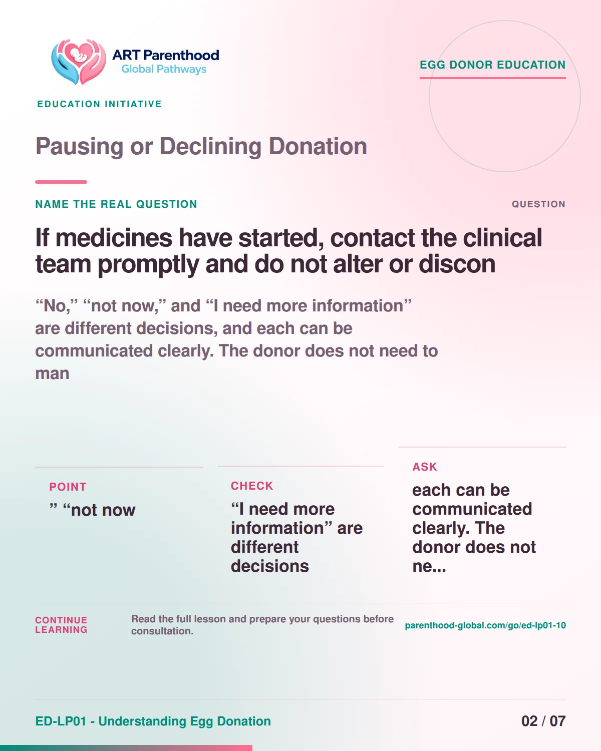 Slide 2 of ED-LP01-10, Name the real question, showing a prospective egg donor using a calm decision and information process.