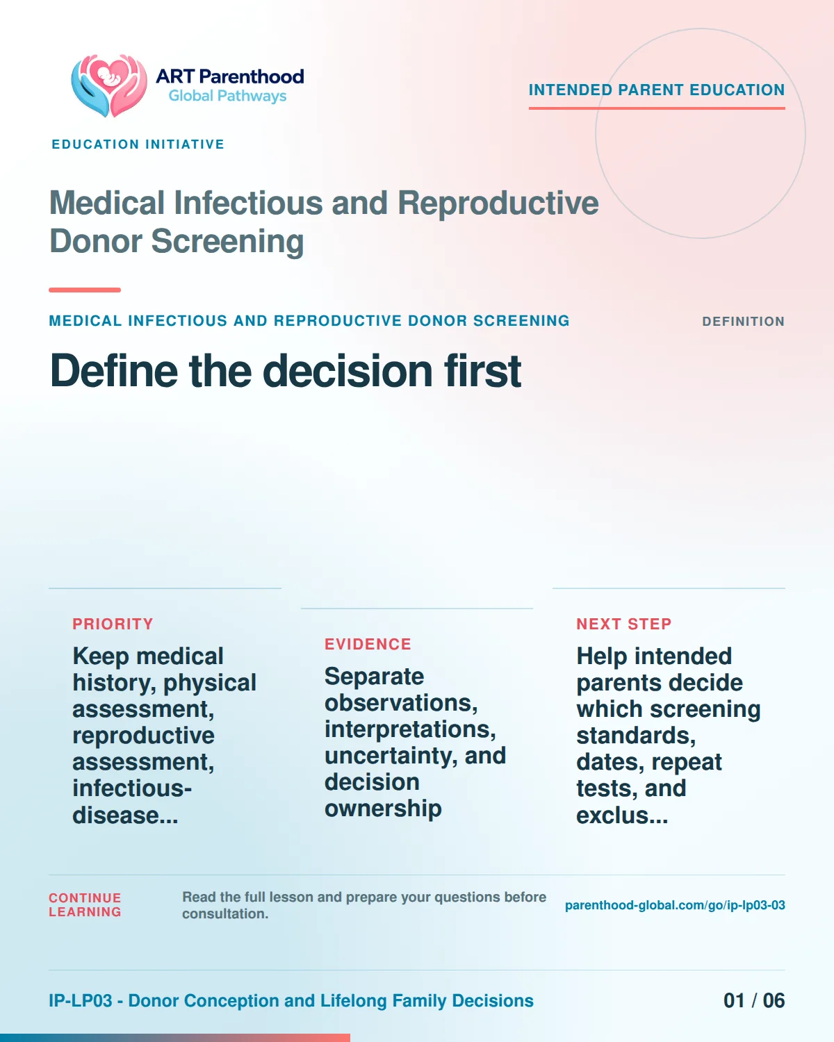 Slide 1 of six for intended parents about Medical Infectious and Reproductive Donor Screening: Name the exact decision.