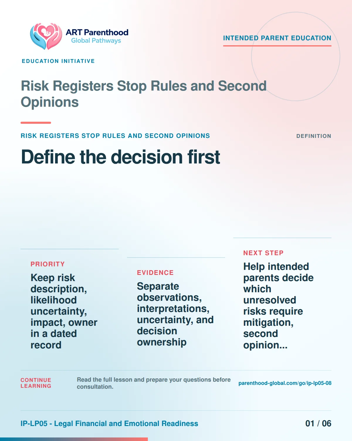 Slide 1 of six for intended parents about Risk Registers Stop Rules and Second Opinions: Name the exact decision.