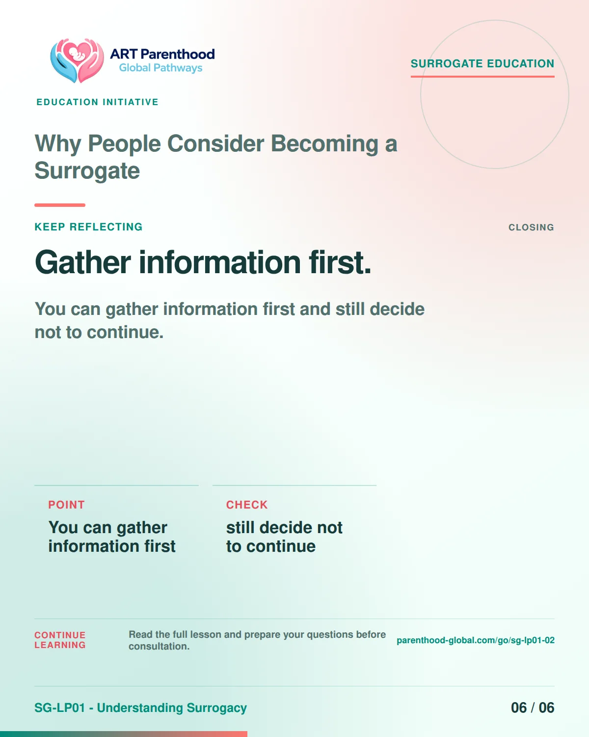 Carousel slide 6 for SG-LP01-02 reminding viewers that gathering information first is still a valid outcome.