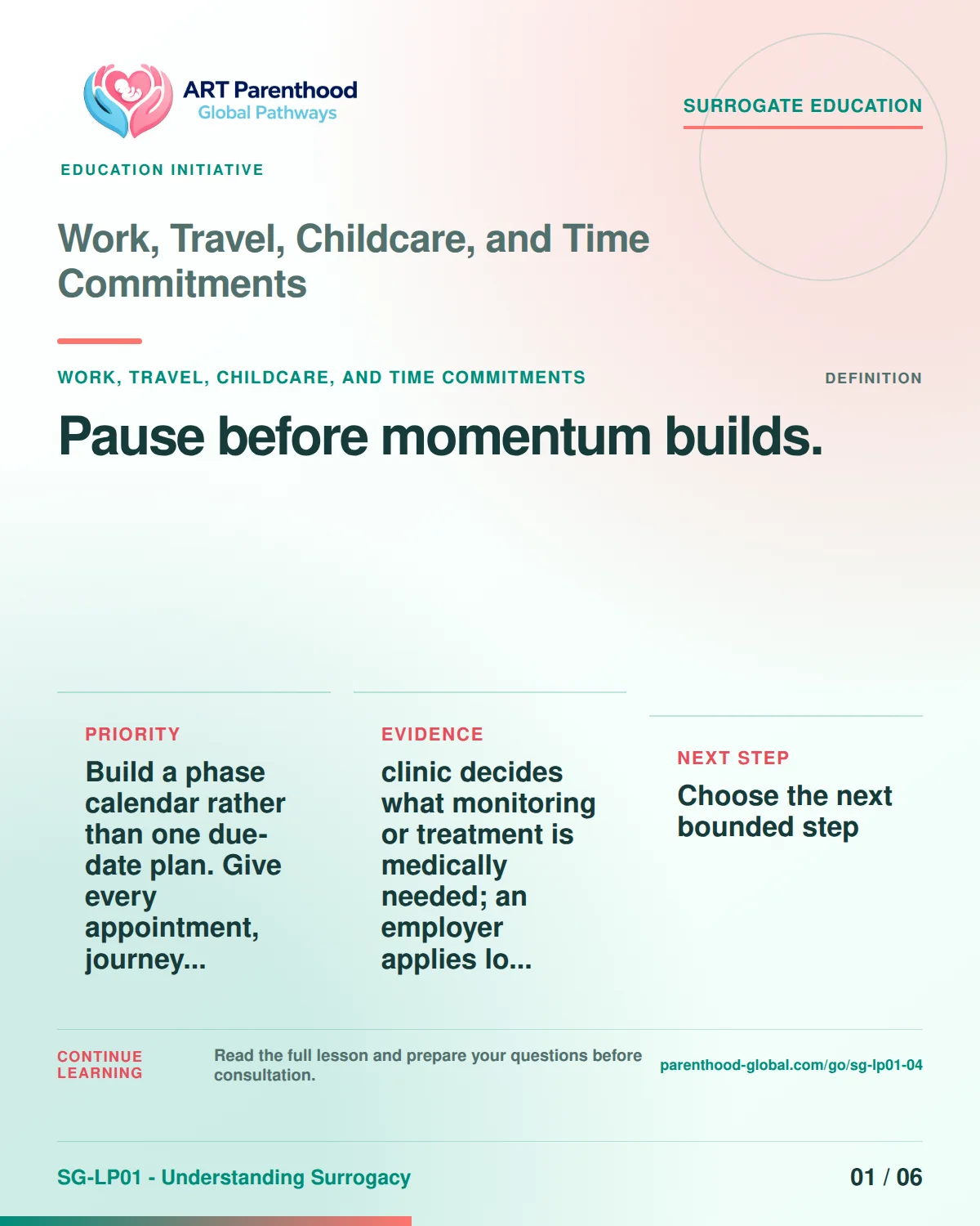 SG-LP01-04 carousel slide 1, Pause before momentum builds. The visual uses a calm planning motif and does not imply a guaranteed pregnancy or family outcome.