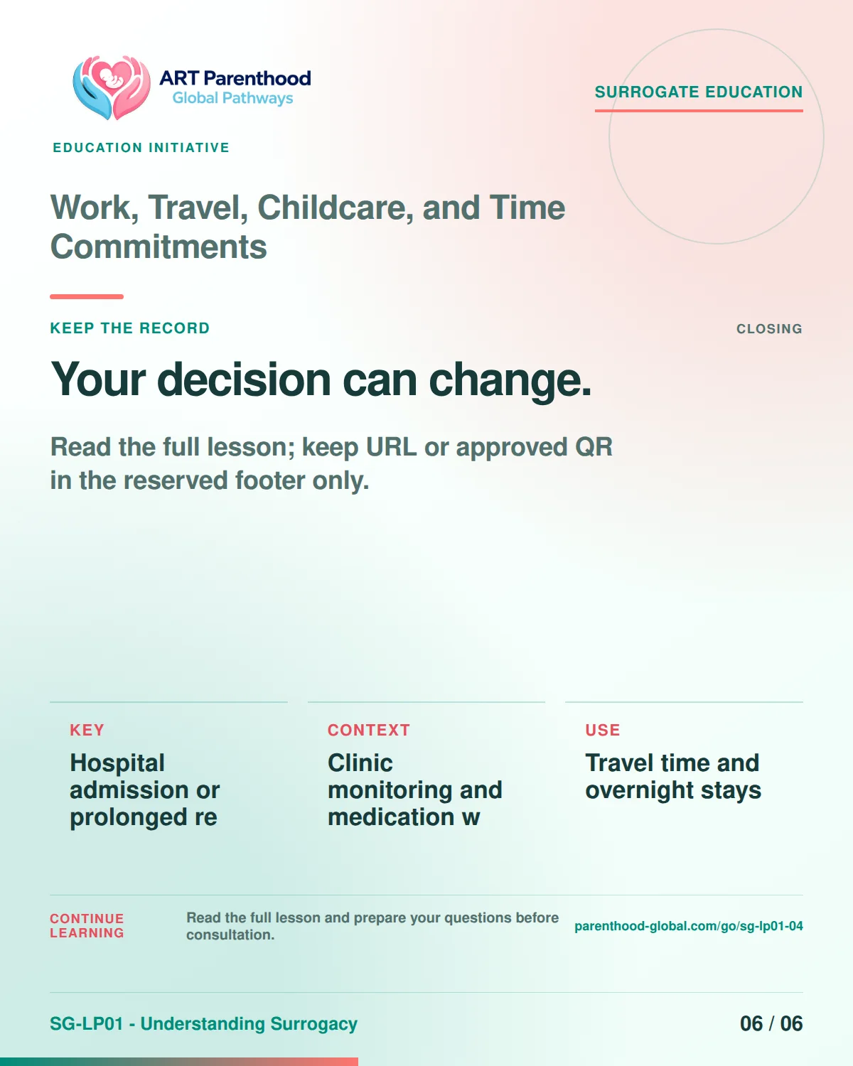 SG-LP01-04 carousel slide 6, Your decision can change. The visual uses a calm planning motif and does not imply a guaranteed pregnancy or family outcome.