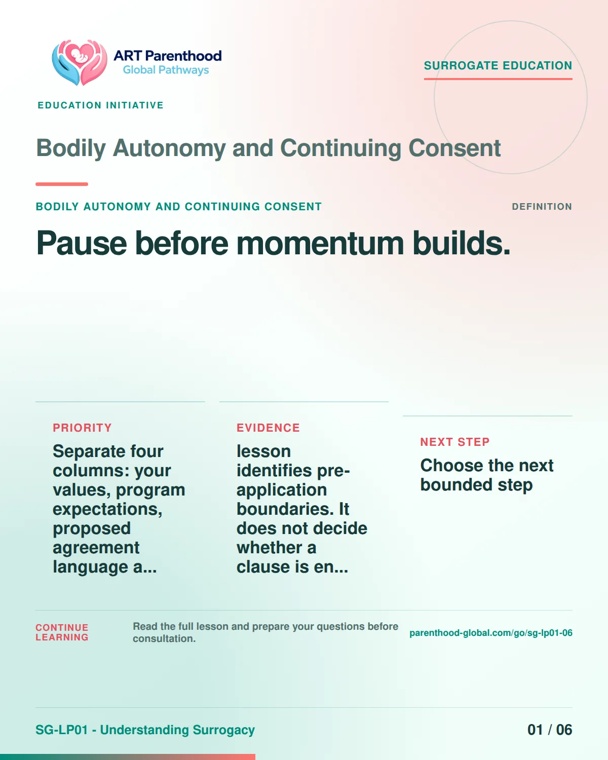 SG-LP01-06 carousel slide 1, Pause before momentum builds. The visual uses a calm planning motif and does not imply a guaranteed pregnancy or family outcome.