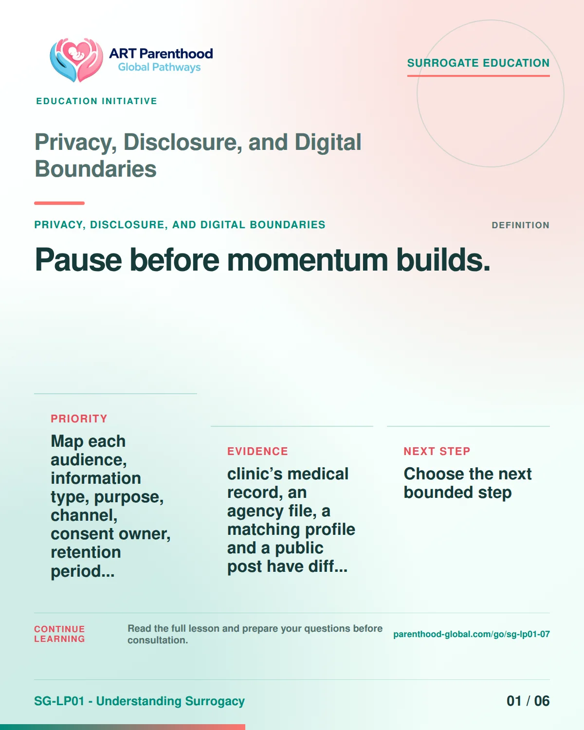 SG-LP01-07 carousel slide 1, Pause before momentum builds. The visual uses a calm planning motif and does not imply a guaranteed pregnancy or family outcome.
