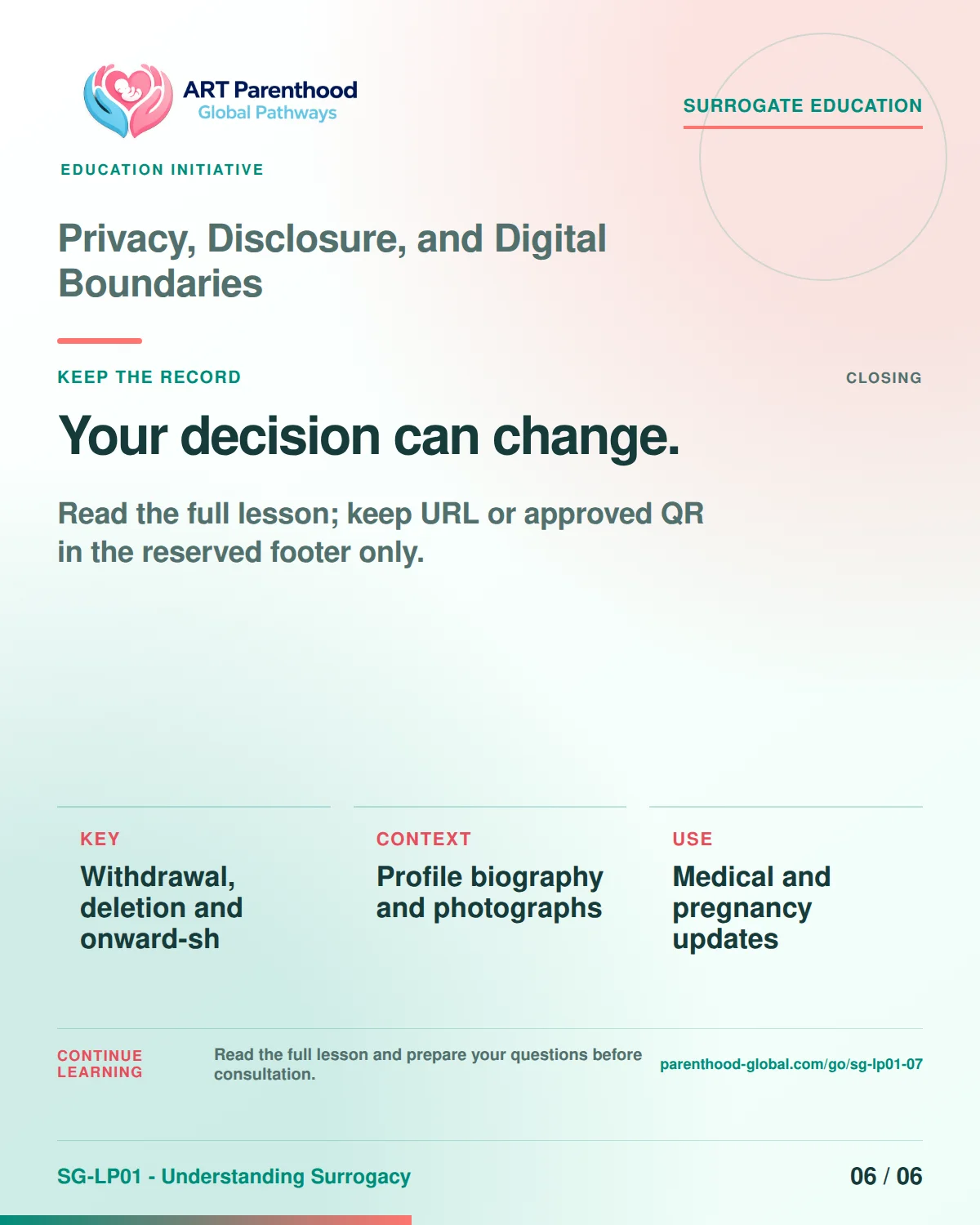 SG-LP01-07 carousel slide 6, Your decision can change. The visual uses a calm planning motif and does not imply a guaranteed pregnancy or family outcome.
