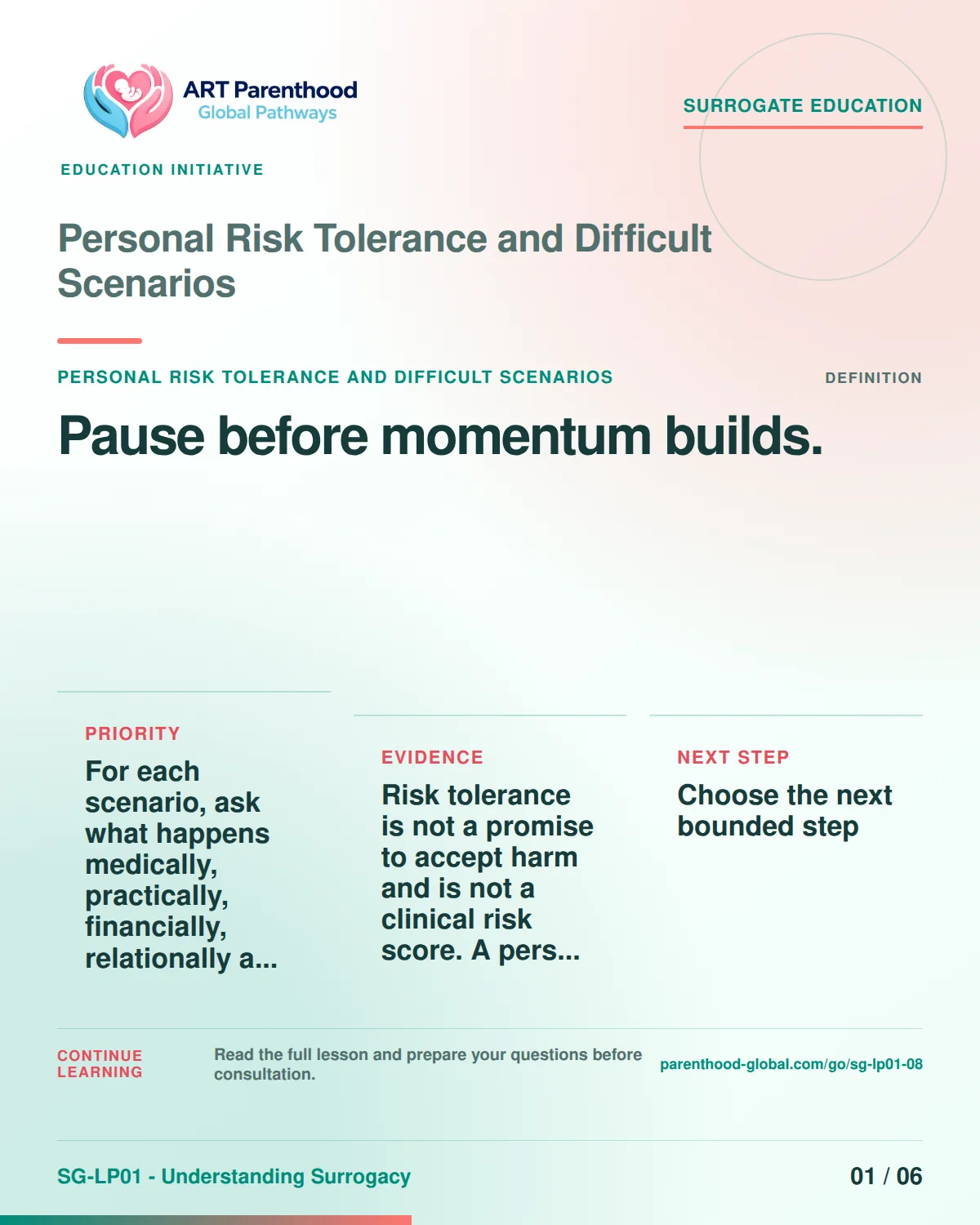 SG-LP01-08 carousel slide 1, Pause before momentum builds. The visual uses a calm planning motif and does not imply a guaranteed pregnancy or family outcome.