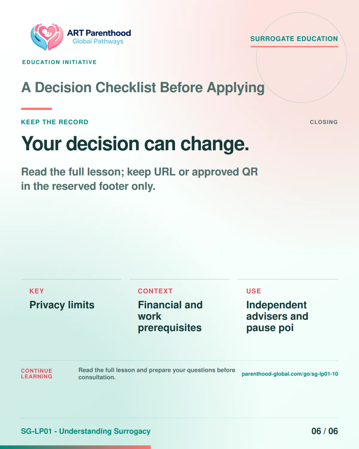 SG-LP01-10 carousel slide 6, Your decision can change. The visual uses a calm planning motif and does not imply a guaranteed pregnancy or family outcome.