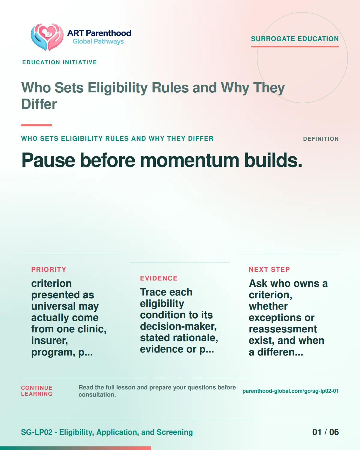 SG-LP02-01 carousel slide 1: Pause before momentum builds. A calm planning visual supports surrogate autonomy without implying eligibility, pregnancy or a guaranteed outcome.