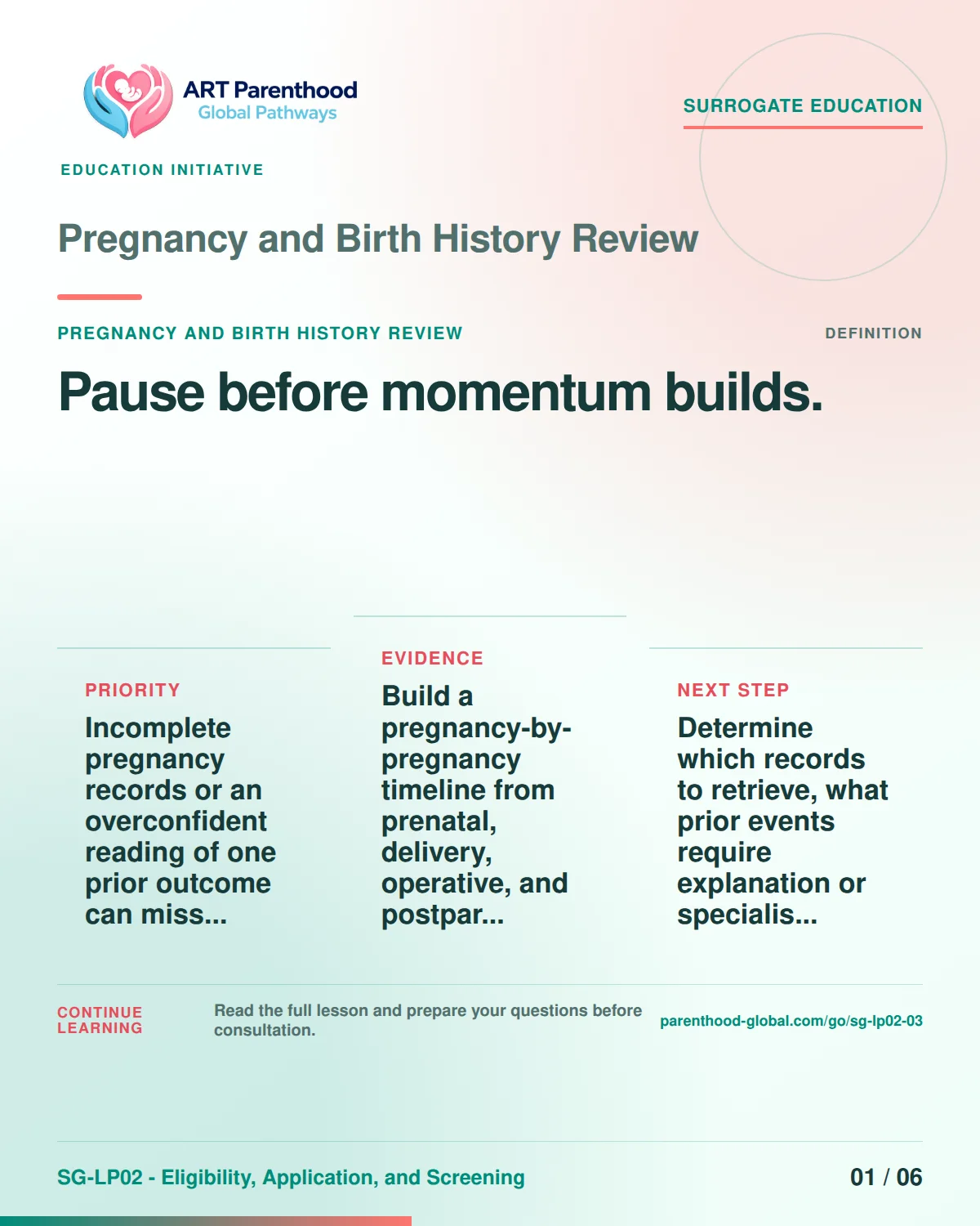 SG-LP02-03 carousel slide 1: Pause before momentum builds. A calm planning visual supports surrogate autonomy without implying eligibility, pregnancy or a guaranteed outcome.