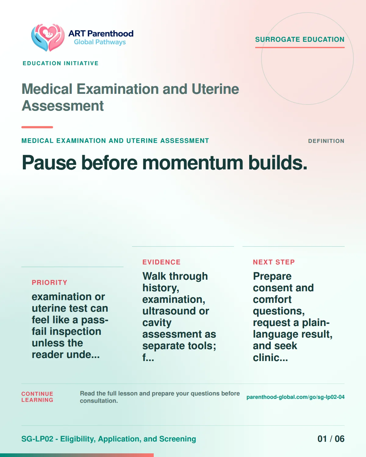 SG-LP02-04 carousel slide 1: Pause before momentum builds. A calm planning visual supports surrogate autonomy without implying eligibility, pregnancy or a guaranteed outcome.