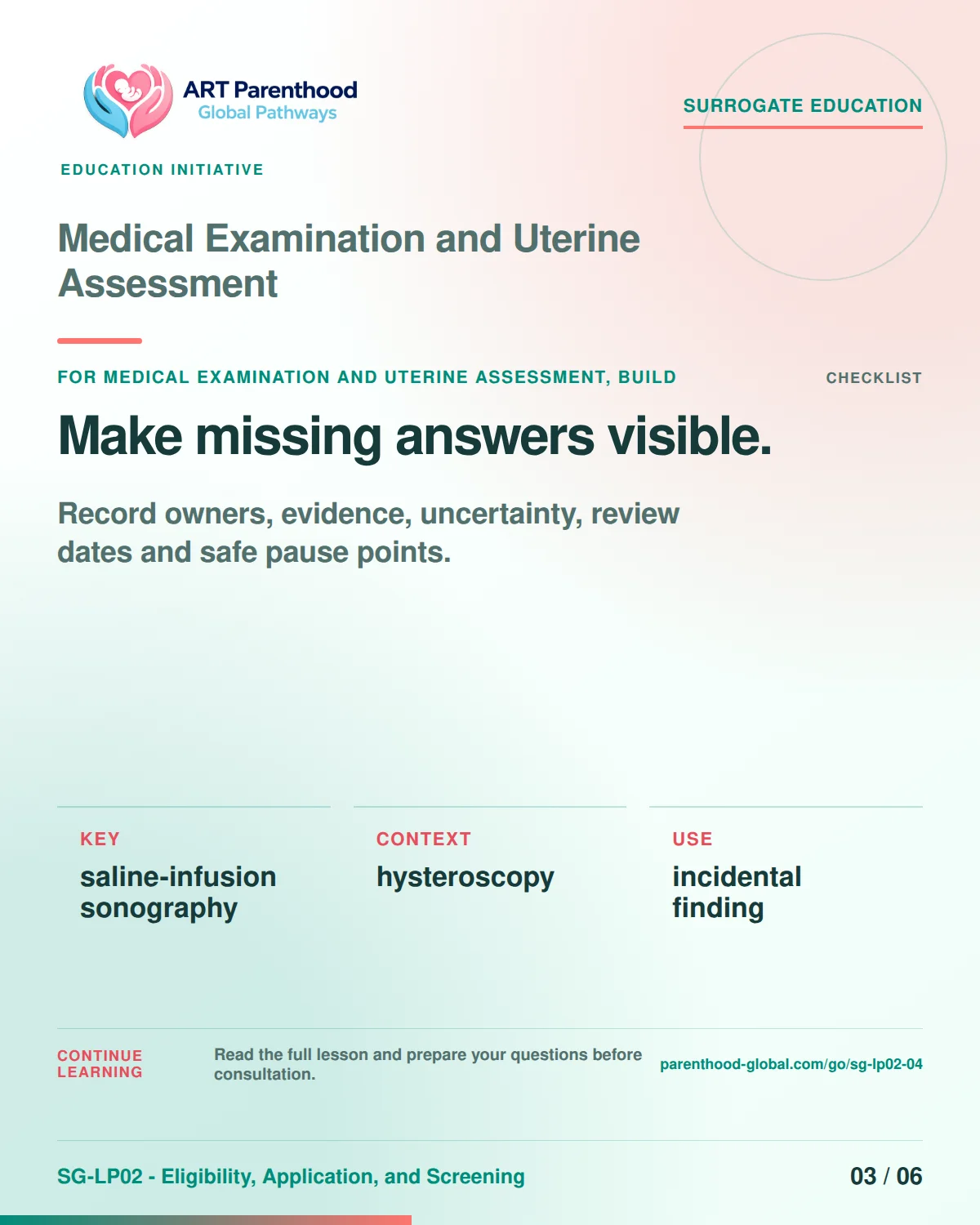 SG-LP02-04 carousel slide 3: Make missing answers visible. A calm planning visual supports surrogate autonomy without implying eligibility, pregnancy or a guaranteed outcome.