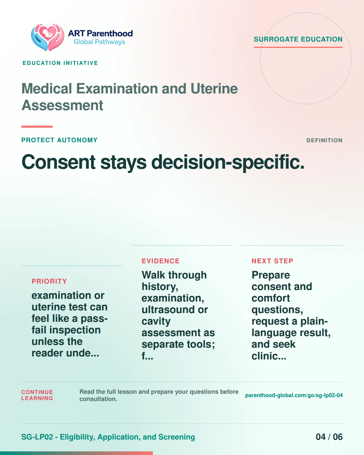 SG-LP02-04 carousel slide 4: Consent stays decision-specific. A calm planning visual supports surrogate autonomy without implying eligibility, pregnancy or a guaranteed outcome.