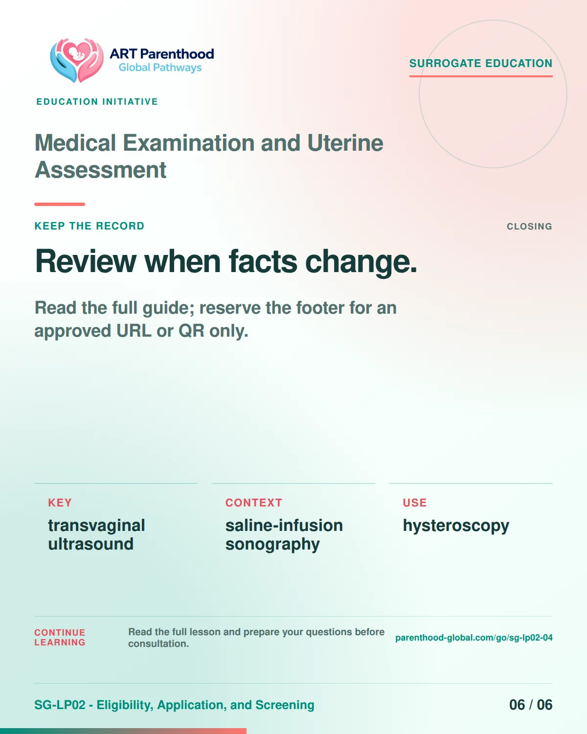SG-LP02-04 carousel slide 6: Review when facts change. A calm planning visual supports surrogate autonomy without implying eligibility, pregnancy or a guaranteed outcome.