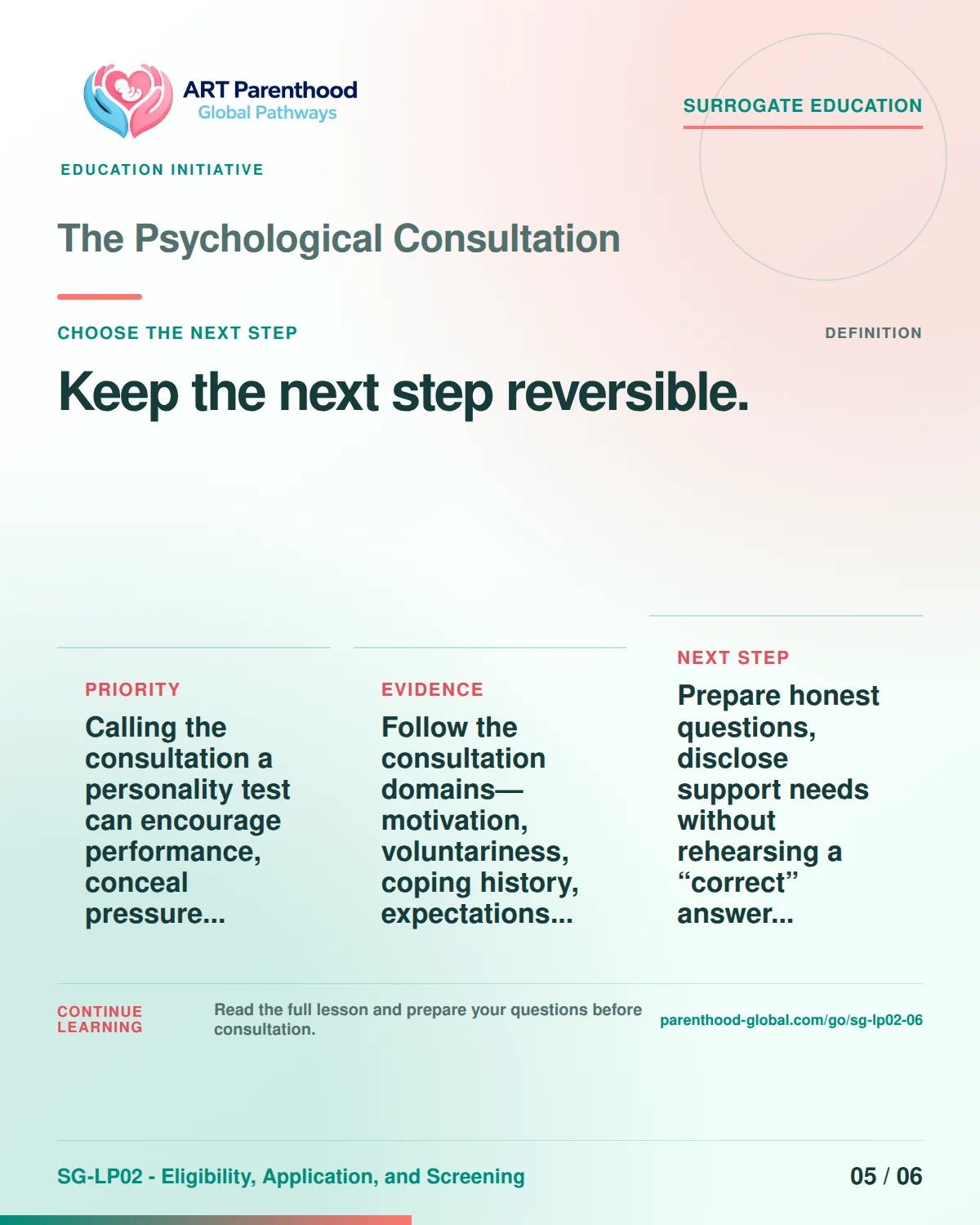 SG-LP02-06 carousel slide 5: Keep the next step reversible. A calm planning visual supports surrogate autonomy without implying eligibility, pregnancy or a guaranteed outcome.