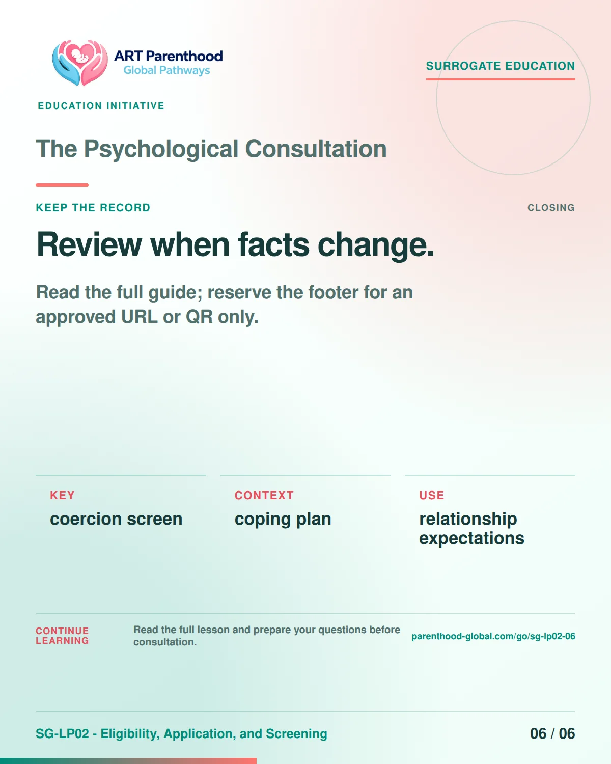 SG-LP02-06 carousel slide 6: Review when facts change. A calm planning visual supports surrogate autonomy without implying eligibility, pregnancy or a guaranteed outcome.