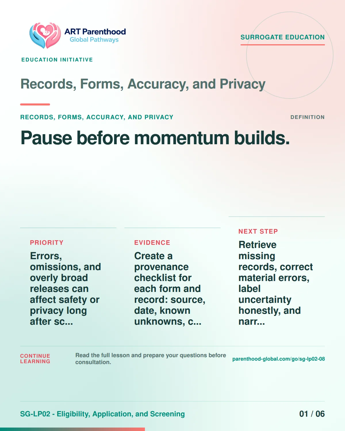 SG-LP02-08 carousel slide 1: Pause before momentum builds. A calm planning visual supports surrogate autonomy without implying eligibility, pregnancy or a guaranteed outcome.