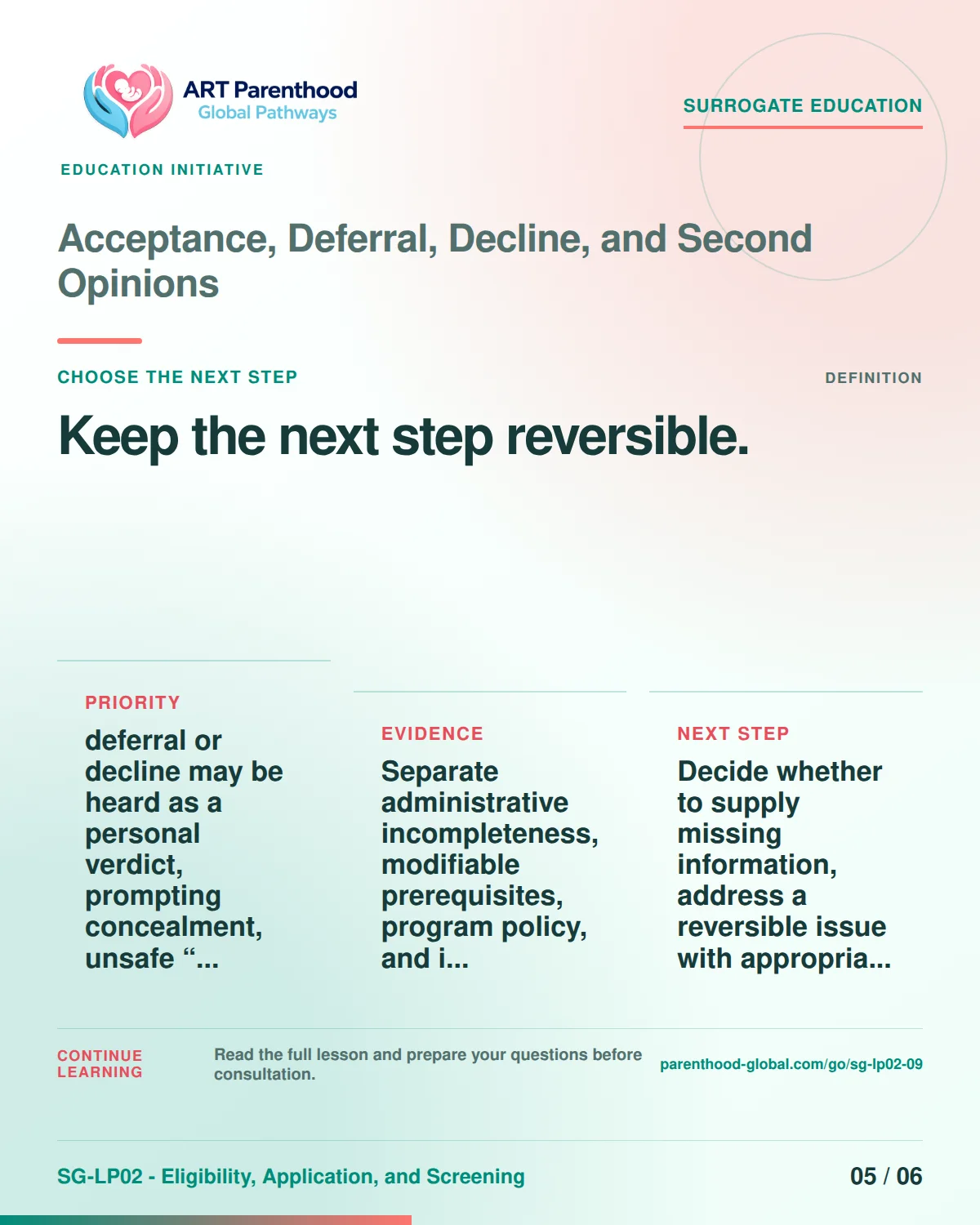 SG-LP02-09 carousel slide 5: Keep the next step reversible. A calm planning visual supports surrogate autonomy without implying eligibility, pregnancy or a guaranteed outcome.
