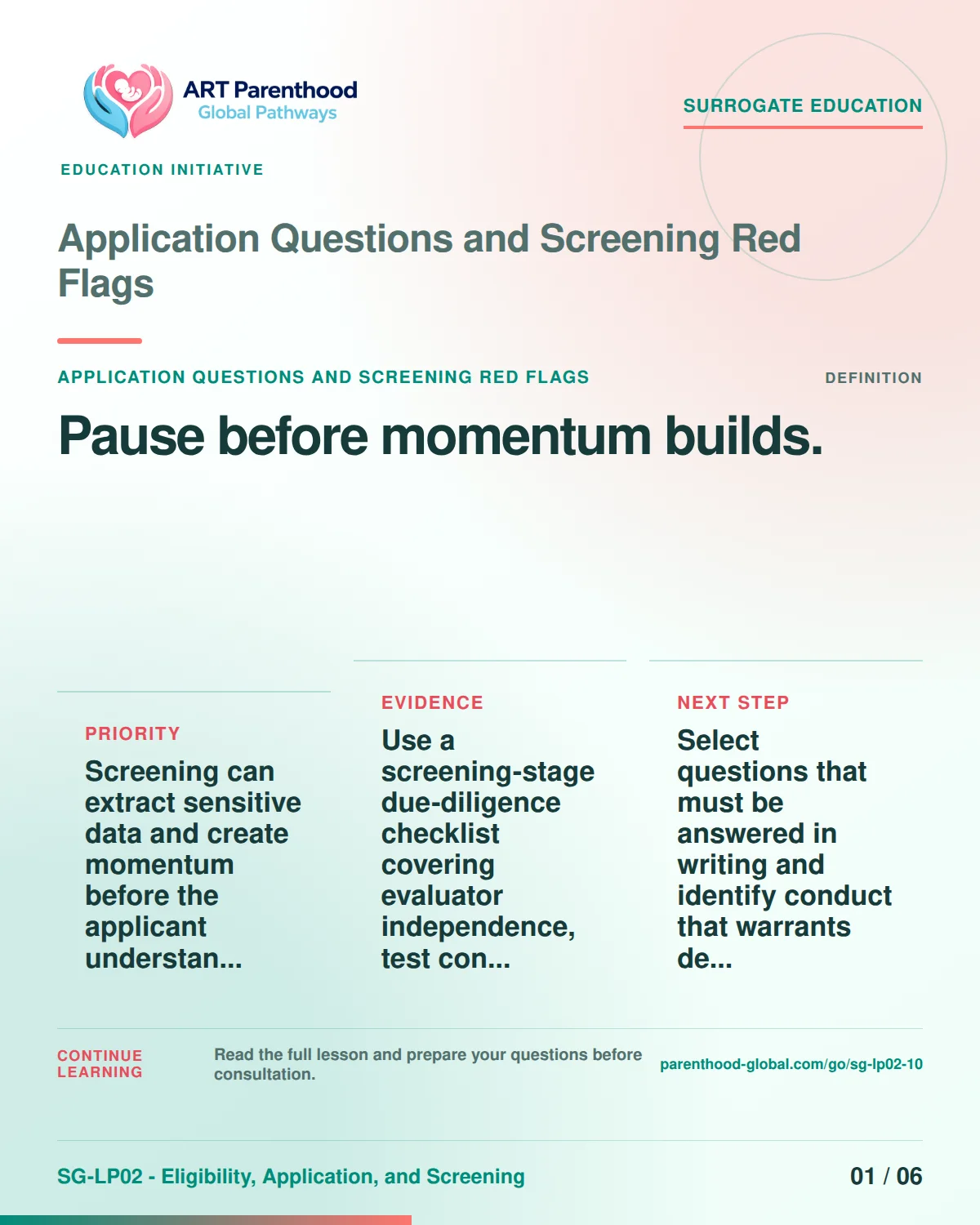 SG-LP02-10 carousel slide 1: Pause before momentum builds. A calm planning visual supports surrogate autonomy without implying eligibility, pregnancy or a guaranteed outcome.