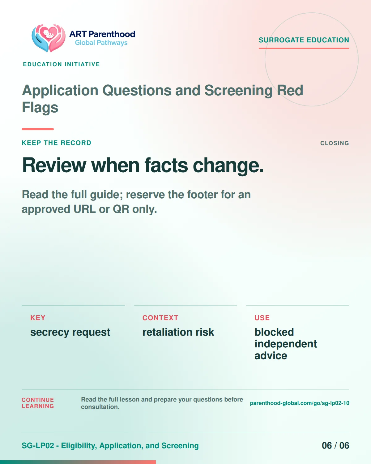 SG-LP02-10 carousel slide 6: Review when facts change. A calm planning visual supports surrogate autonomy without implying eligibility, pregnancy or a guaranteed outcome.