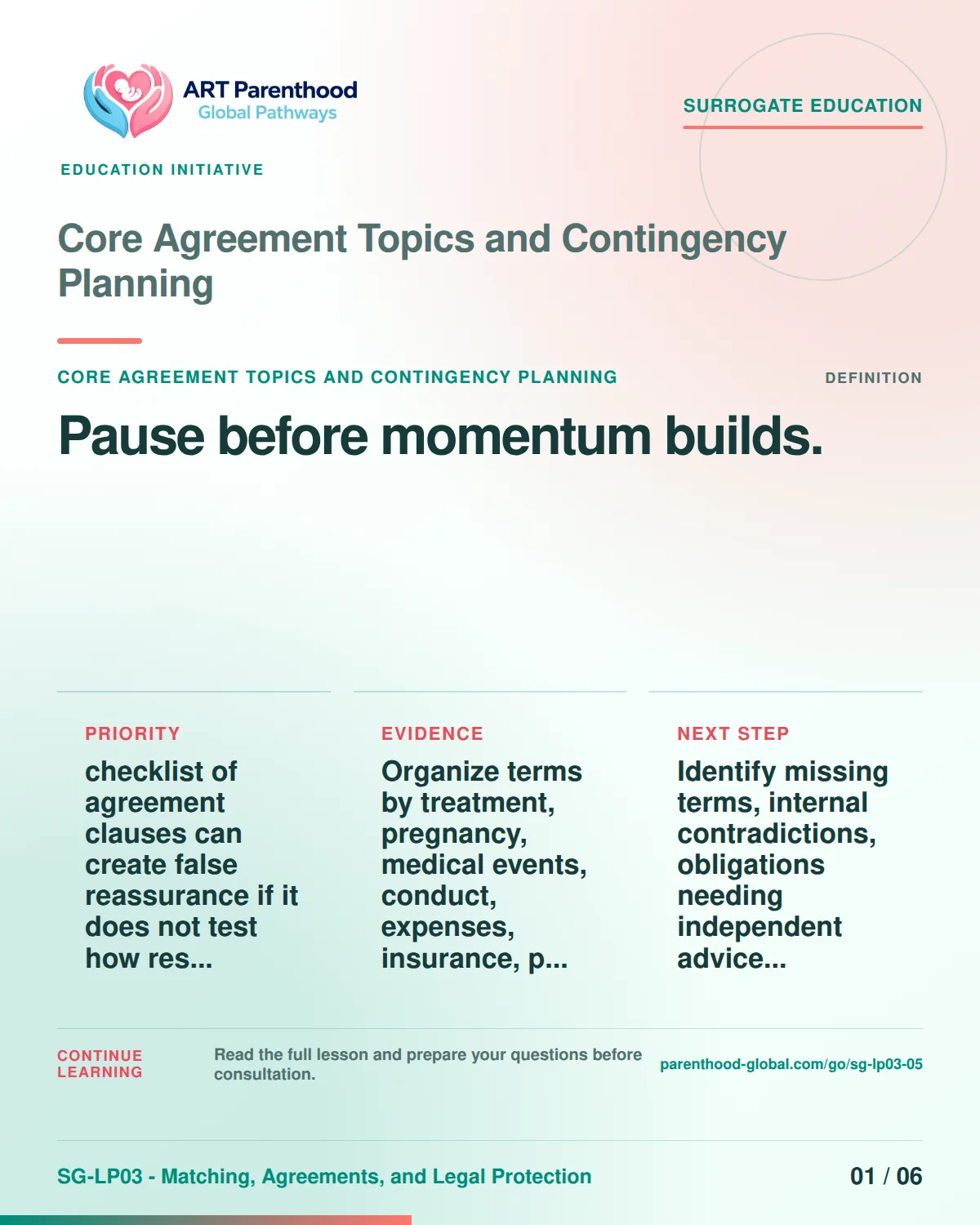 SG-LP03-05 carousel slide 1: Pause before momentum builds. A calm planning visual supports surrogate autonomy without implying eligibility, pregnancy or a guaranteed outcome.