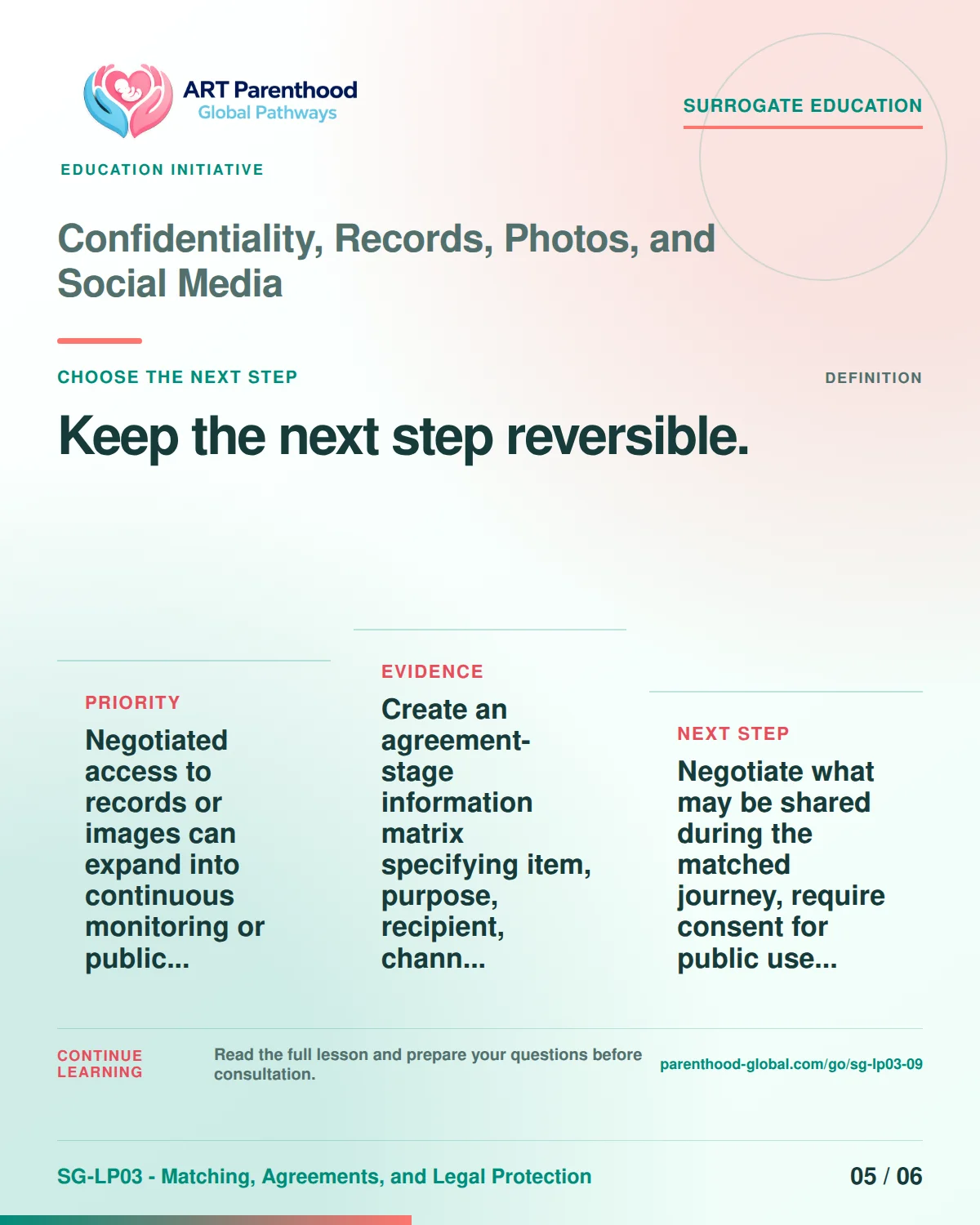 SG-LP03-09 carousel slide 5: Keep the next step reversible. A calm planning visual supports surrogate autonomy without implying eligibility, pregnancy or a guaranteed outcome.
