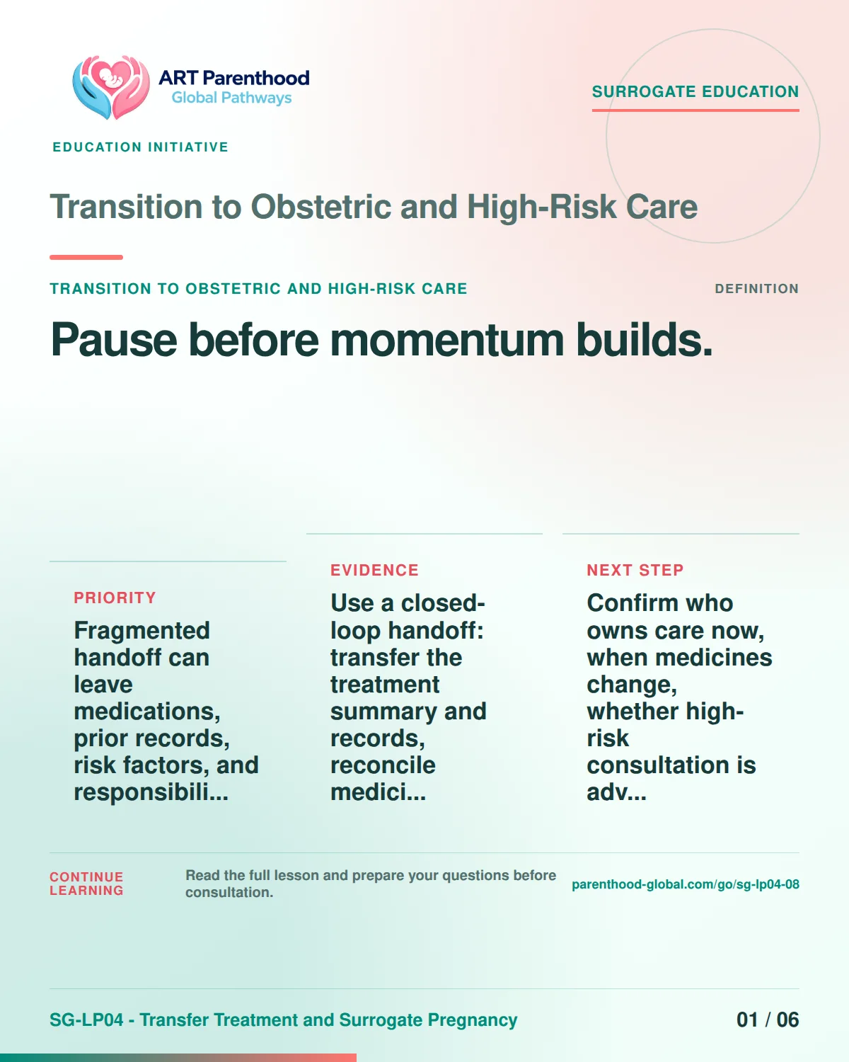 SG-LP04-08 carousel slide 1: Pause before momentum builds. A calm planning visual supports surrogate autonomy without implying eligibility, pregnancy or a guaranteed outcome.