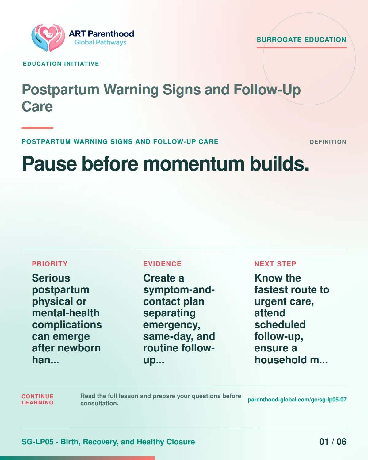 SG-LP05-07 carousel slide 1: Pause before momentum builds. A calm planning visual supports surrogate autonomy without implying eligibility, pregnancy or a guaranteed outcome.